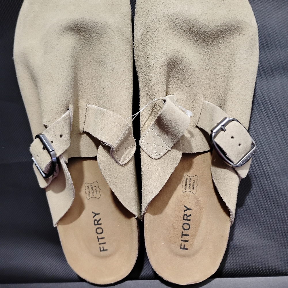 Fitory Beige Suede Buckle Slide Sandals
